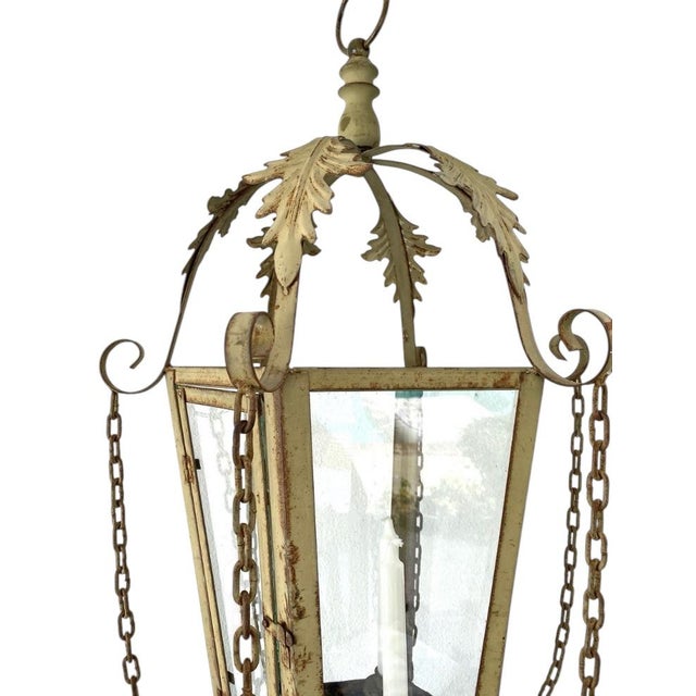 Vintage Large Metal & Glass Hanging Candle Lantern For Sale - Image 4 of 6