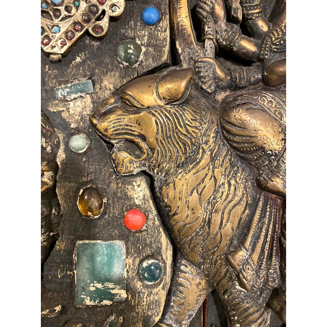 Antique Nepalese Durga Hindu Shrine Brass Wood Stone Inlaid Wall Plaque C1900 For Sale - Image 4 of 16