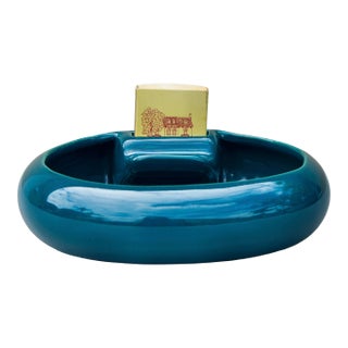 Mid 20th Century Handmade Americana Green Ceramic Ashtray With Match Holder For Sale