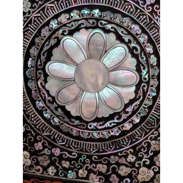 Mid 20th Century Asian Black Lacquer Ft. Mother of Pearl Ornamented Cosmetic Vanity With Mirror For Sale - Image 4 of 12