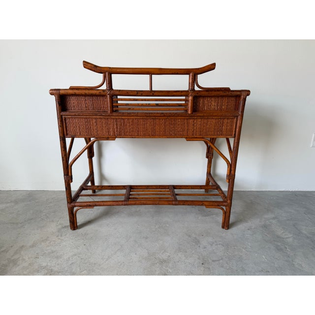 Vintage British Colonial Style Faux Bamboo & Cane Pagoda Desk With Matching Chair For Sale In Miami - Image 6 of 12