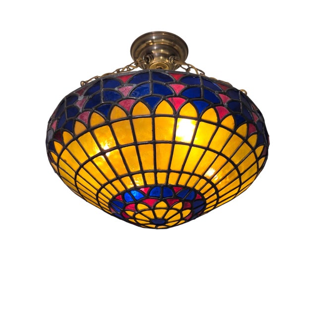 Vintage Colorful French Stained Glass Bowl/ Pendant Light Fixture For Sale - Image 15 of 18