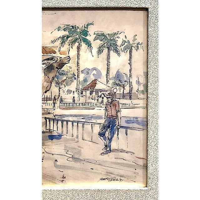 Framed Watercolor of a Park's Bull Sculpture Being Admired For Sale - Image 4 of 6