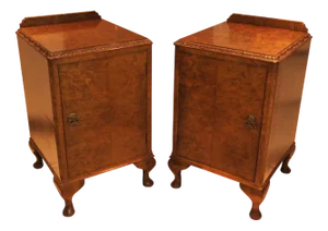 Art Deco Burr Walnut Night Stands on Cabriole Legs & Figured Walnut Fronts, 1920s, Set of 2