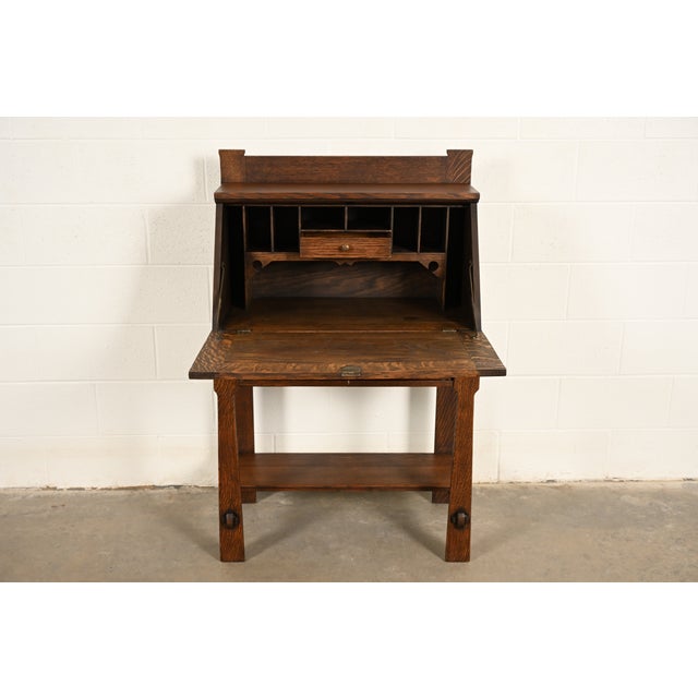 Early 20th Century Stickley Brothers Style Antique Mission Oak Arts & Crafts Drop Front Secretary Desk, Circa 1910 For Sale - Image 5 of 18