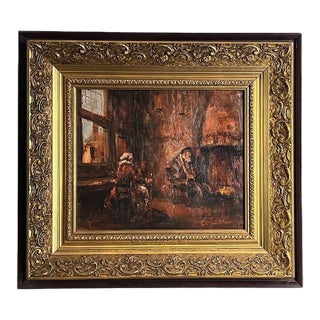 Mid-Century Italian Old Master Style Interior Genre Scene Painting by Clemente Tafuri (1903-1971) in Ornate Gilt Frame For Sale