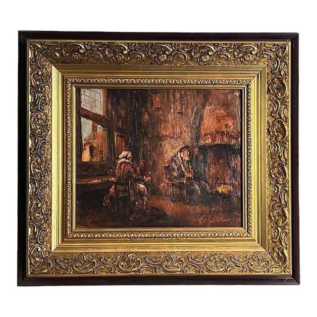 Mid-Century Italian Old Master Style Interior Genre Scene Painting by Clemente Tafuri (1903-1971) in Ornate Gilt Frame For Sale