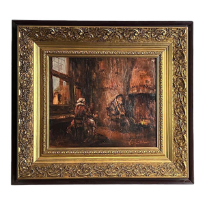 Mid-Century Italian Old Master Style Interior Genre Scene Painting by Clemente Tafuri (1903-1971) in Ornate Gilt Frame