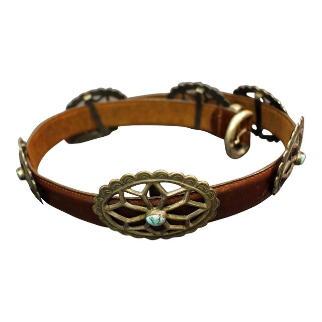 Mid-20th Century Navajo Sterling Silver, Turquoise, and Leather Concho Belt For Sale