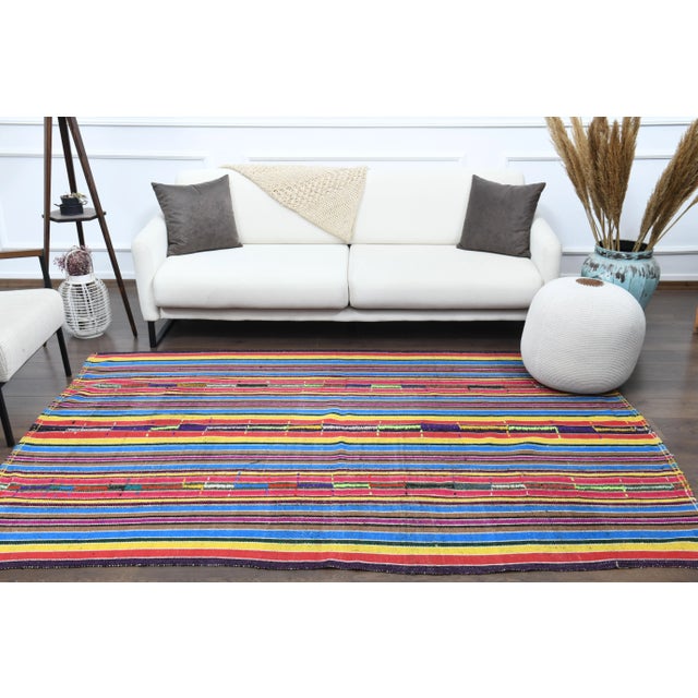 Abstract 1970s Vintage Turkish Oushak Handmade Wool Cotton Blue Runner Rug For Sale - Image 3 of 12