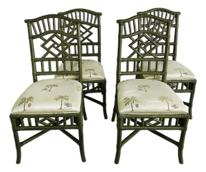 Late 20th Century Lexington Chinese Chippendale Rattan Side Chairs, Painted, Set of 4
