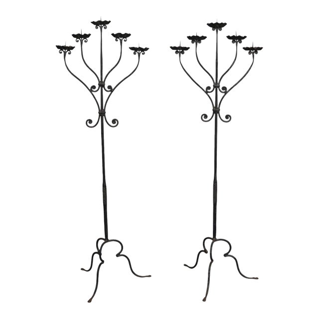 Renaissance Revival Wrought Iron Floor Candelabra, a Pair For Sale