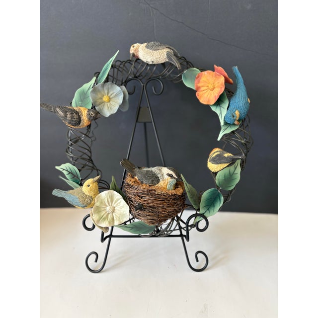 Vintage Botanical Bird Wreath Sculpture With Nest, Nature-Inspired Metal Wall Art, Cottage Garden Relief For Sale - Image 4 of 9