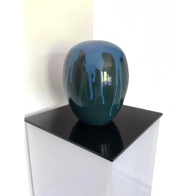 Signed Modernist Stoneware Blue Green Drip Vase / Ceramic Art Studio Pottery For Sale - Image 4 of 9