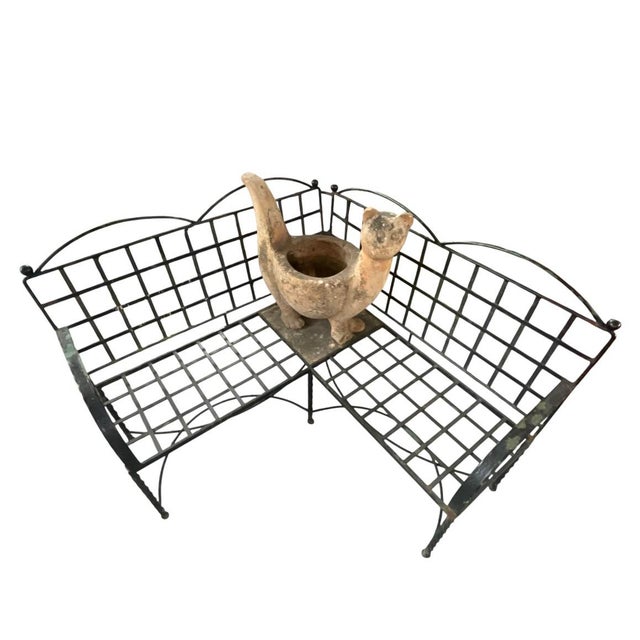 Metal Vintage Wrought Iron Corner Bench With Terracotta Cat Statue Planer For Sale - Image 7 of 12