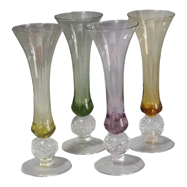 Vintage Boho-Chic Art Glass Multicolored Cordial Glasses Ice Ball Base- Set of 4 For Sale