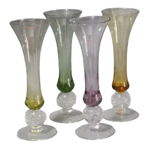 Vintage Boho-Chic Art Glass Multicolored Cordial Glasses Ice Ball Base- Set of 4