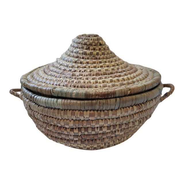 1960s Large Handwoven Lidded Storage Basket For Sale