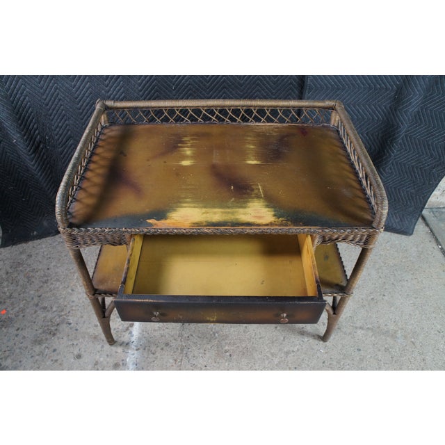 Wood Vintage Wicker Rattan Bookcase Writing Desk & Chair Attributed to Heywood Wakefield For Sale - Image 7 of 13