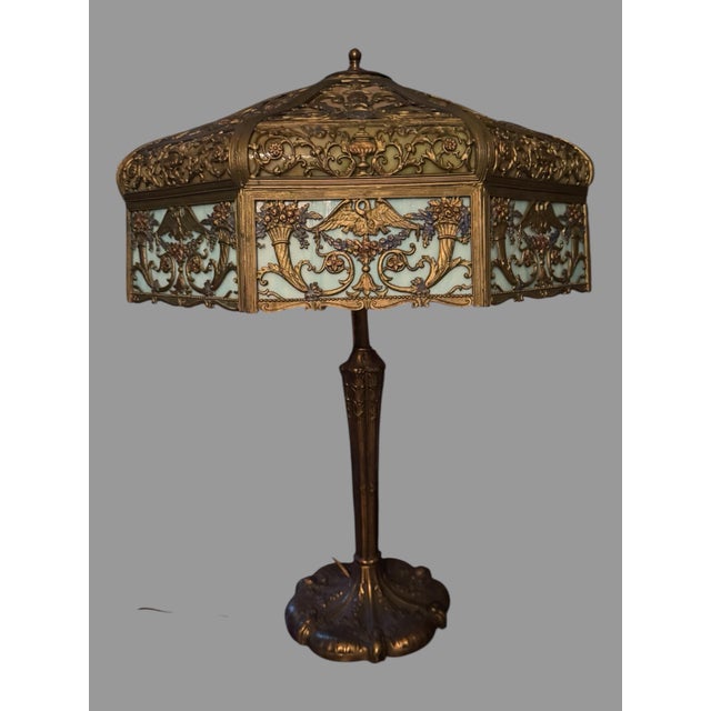 A Large & Impressive 27" Victorian Table Lamp with Multiple Molded Slag Glass Lamp Shade Panels In good condition showing...