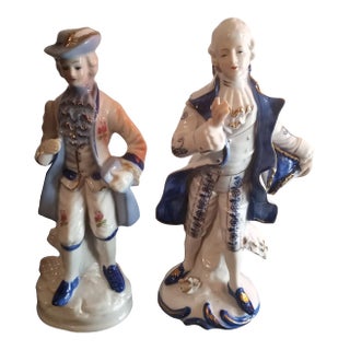 1960s Blue & White Victorian Porcelain Figurines - Set of 2 For Sale