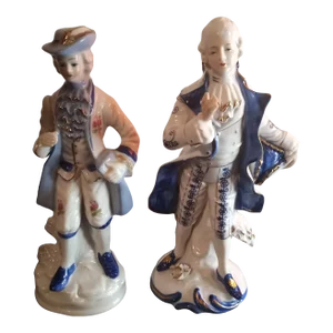 1960s Blue & White Victorian Porcelain Figurines - Set of 2