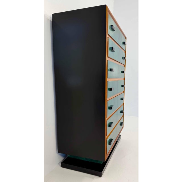 Italian Chest of Drawers in Emerald Green Parchment and Walnut with Black Details, 1950s For Sale - Image 6 of 15