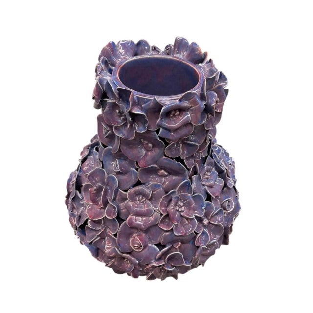 Ceramic Pair of Vintage Italian Encrusted Floral Ceramic Vases in Dusty Lavender For Sale - Image 7 of 12