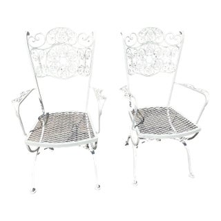 Pair Woodard Iron Arm Chairs Andalusian Spanish Lace Pattern For Sale