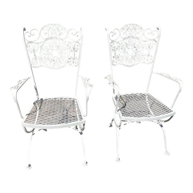 Pair Woodard Iron Arm Chairs Andalusian Spanish Lace Pattern For Sale