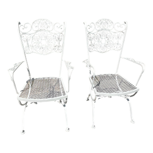 Pair Woodard Iron Arm Chairs Andalusian Spanish Lace Pattern