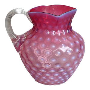 Antique Mt. Washington School Cranberry Hobnail Glass Water Pitcher Circa 1900
