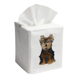Yorkie Dog Tissue Box Cover White Linen & Cotton, Embroidered For Sale
