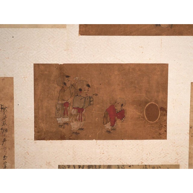Brown Antique Japanese Two-Panel Screen with Painting Collage, 1900 For Sale - Image 8 of 13