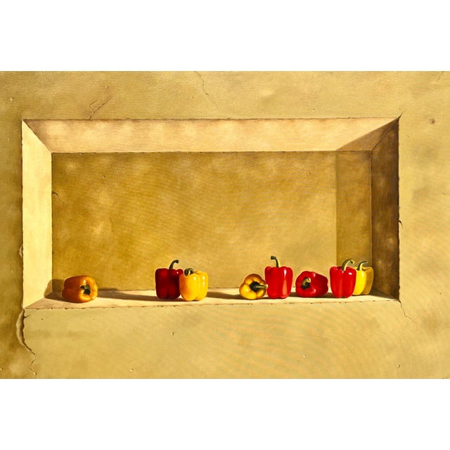 Monumental Hyper Realist Still Life Painting Of Peppers, Hand Signed Oil on canvas 48 x 48 in, 58 x 58 in (framed) Perfect...