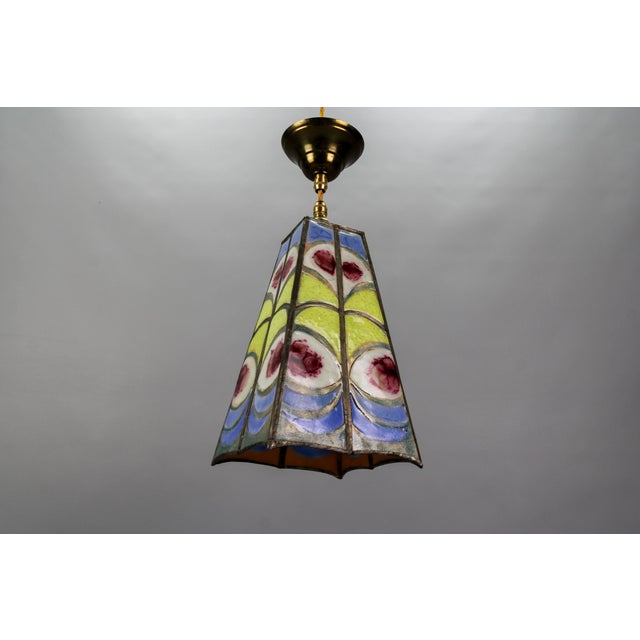 Mid-Century Blue, Yellow and Red Stained Glass Pendant Light, 1970s For Sale - Image 18 of 18