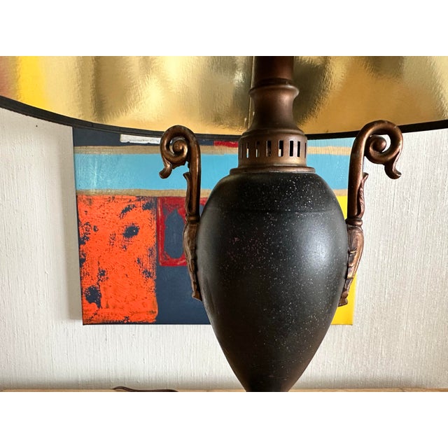 Vintage Black Metal Urn Lamp With Leopard Print Shade For Sale - Image 9 of 12