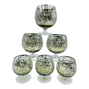 Vintage Petite Smokey Quartz-Colored Brandy/Cognac Snifters With Silver Gilded Venetian Scene -Set of 6