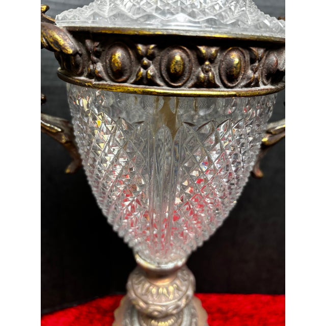 Pair of French Neoclassical Cut Crystal & Patinated Bronze Urn Lamps With Ram/Goat Head Handles For Sale - Image 10 of 12