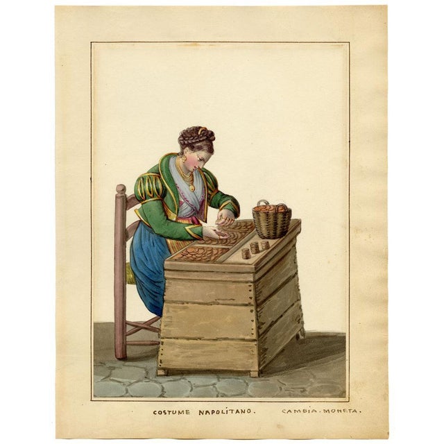 Michela De Vito, Neapolitan Costume, Money Changer, 1800s, Watercolour For Sale - Image 4 of 7