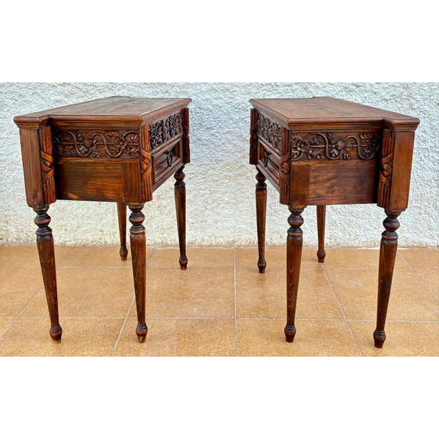 Pair of Spanish Carved Oak Nightstands With Drawer, 1930s For Sale - Image 10 of 15