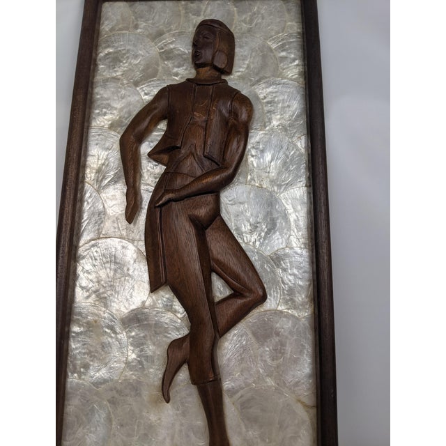 Pair Mid-Century Modern Hand-Carved Wood Figural Relief Wall Panels on Shimmering Capiz Shell Grounds For Sale - Image 15 of 18