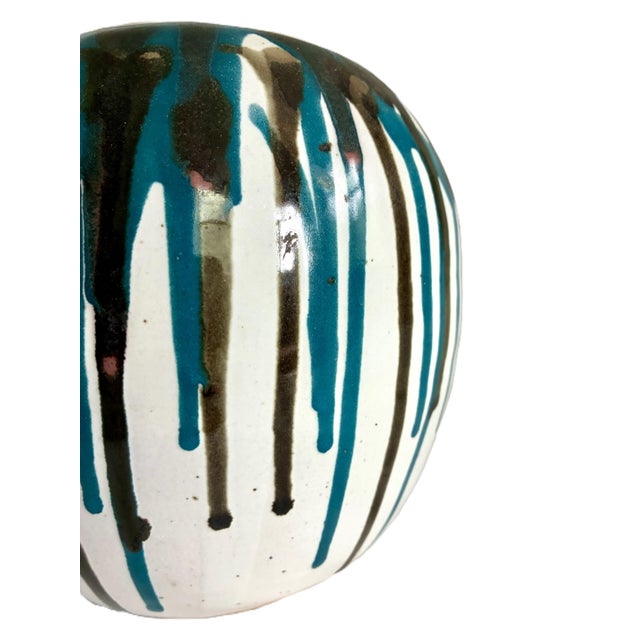 White Signed 1960s Mid Century Blue and White Ceramic Vase / Modernist Art Studio Pottery Drip Glaze For Sale - Image 8 of 10