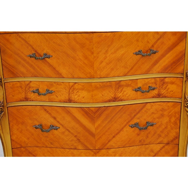 Wood Magnificent Vintage French Provincial Louis XV Rococo Satinwood & Burl Wood Tall Boy Chest For Sale - Image 7 of 16