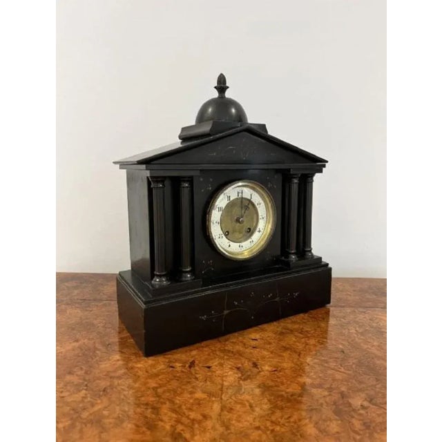 Wonderful Antique Victorian quality eight day movement marble clock set, having a black marble case with four reeded...