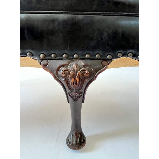 Antique English Georgian Style Hand-Carved Low Bench With Black Leather Upholstery For Sale - Image 14 of 17