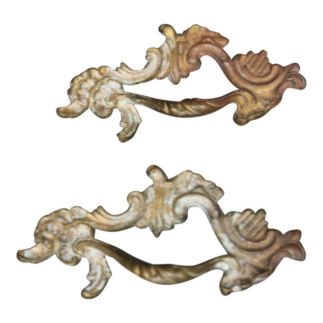 Pair Antique French Rococo Brass Cabinet Drawer Handles For Sale