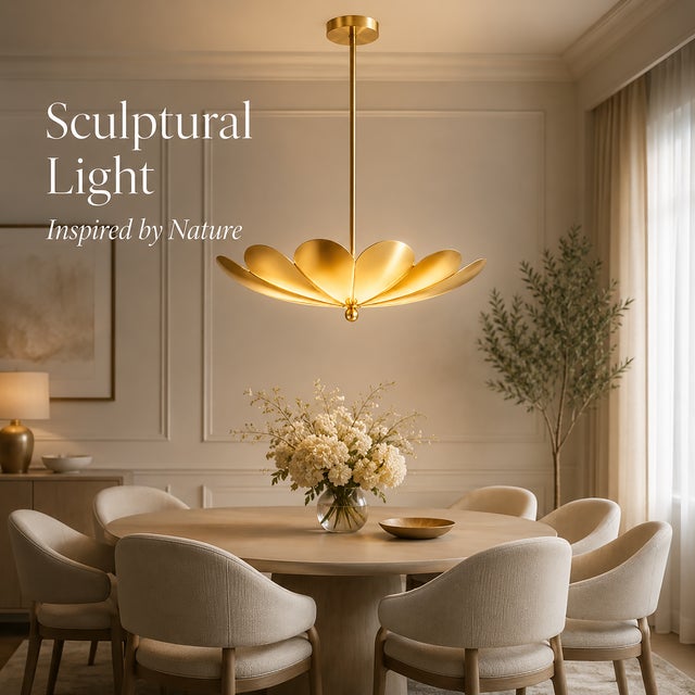 Handcrafted Brass Flower Chandelier, Sculptural Petal Ceiling Light, Antique Finish For Sale - Image 4 of 8