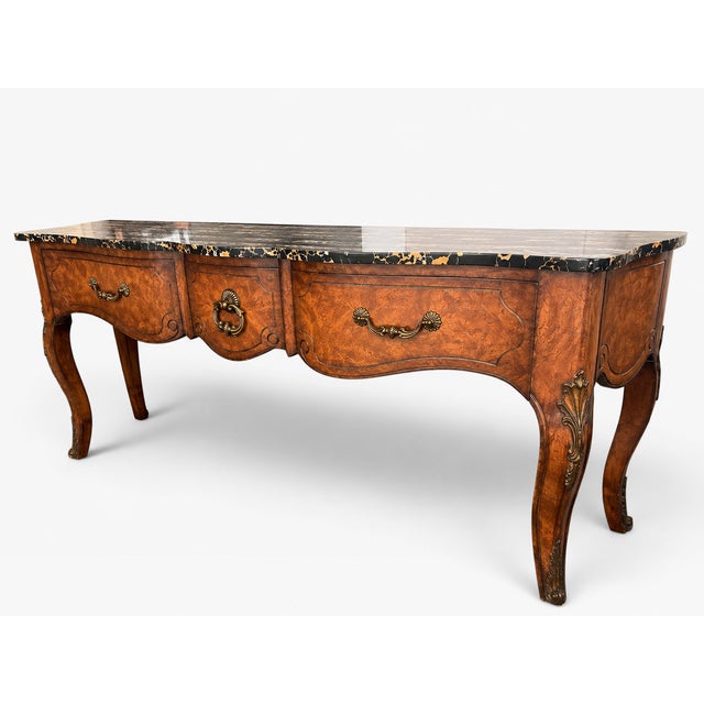 1970s Monumental Mastercraft Burl Wood & Black Marble Console Table, 80” For Sale In Miami - Image 6 of 16