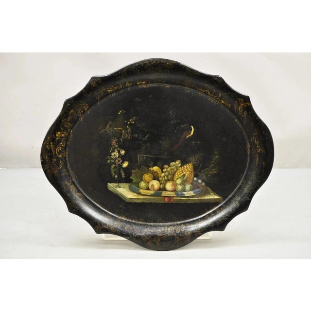 Antique French Papier Mache Tole Hand Painted Fruit Still Life and Bird Tray. Circa Late 19th Century. Measurements: 1.5"...